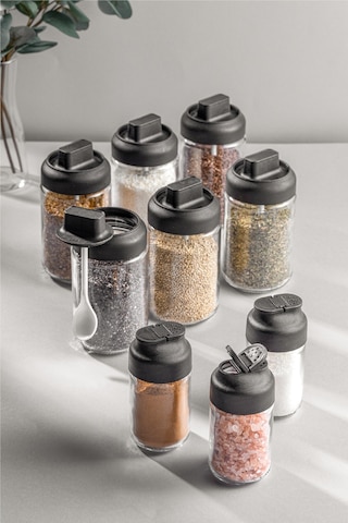 Vienev 3lü Tuzluk Baharatlık Ve 6lı Kendinden Kaşıklı Baharatlık Seti Siyah - Şeffaf