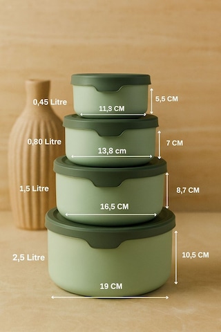 4 Lü Yuvarlak Saklama Kabı Seti 0,45ml -0,8ml-1.5l-2.5l Mikrodalga Ve Dondurucu Uyumlu Yeşil