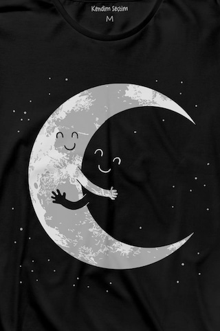 Uzayda Sarılan Ay Aşık Smile Cosmos Gülümsemesi Uzun Kollu Tişört Baskılı T-shirt 001
