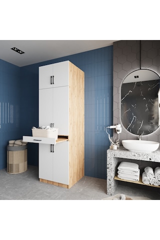 Piramit Çamaşır Ve Kurutma Makinesi Dolabı Banyo Dolabı Çam Beyaz Çam - Beyaz