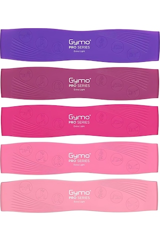 Gymo Pro Series Çantalı Direnç Bandı Fitness Pilates Esnetme Lastiği 5'li Set Silikon Mor Çok Renkli