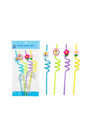 Pipet Eğlenceli Parti Çocuk Doğum Günü Sunum Kıvrımlı Şık Figürlü Tasarım Renkli Plastik Pipet 4'lü