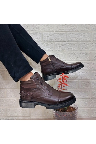 M.p 4201 Kahve Hakiki Deri Bağacaklı Fermuarlı Fuspetli Erkek Bot 001