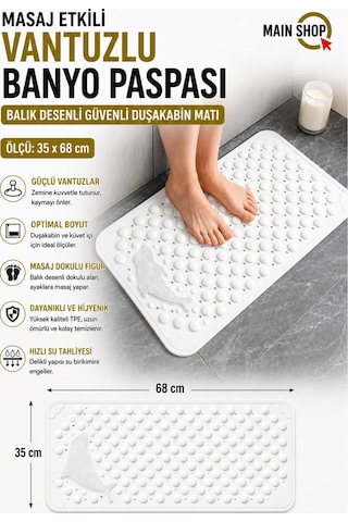 Mainshop 1 Adet Vantuzlu Banyo Ve Duş Kaydırmazı Duşa Kabin Küvet Içi Paspası Balık Desenli 35 X 68 Cm M-10 Beyaz