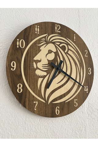 Safari Serisi - Aslan - Ahşap Duvar Saati - 40 Cm Ahşap