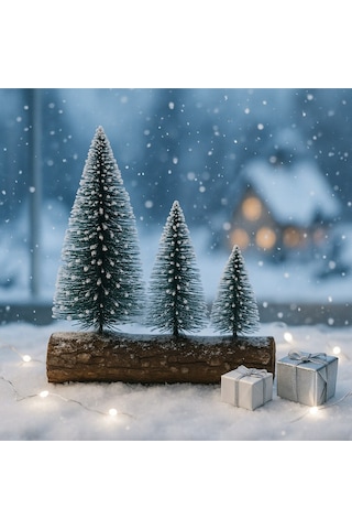 Hoşgeldin Yeni Yıl 3 Lü Mini Kar Efektli Ahşap Kütük Üstünde Mini Noel Çam Ağacı Seti 16 11 10 Cm Çok Renkli