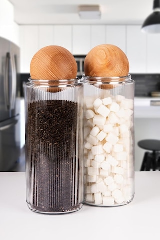 3lü Ahşap Top Kapaklı Dekoratif Çay Kahve Şeker Tuz Saklama Kavanozu 1500ml Çok Renkli