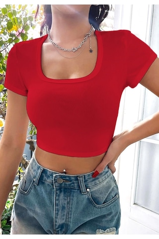 Rooted-kadın Kare & Havuz Yaka Crop T-shirt ,likralı Fitilli Kaşkorse Kumaş Kırmızı