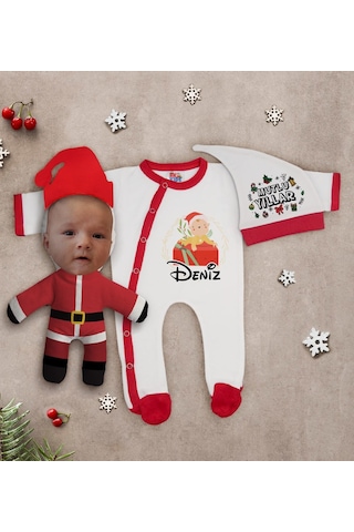 Bk Kids Bk Gift Kişiye Özel Yılbaşı Temalı Tulum Zıbın Kukuletalı Şapka Ve Bebek Yastık Hediye Seti-3 Çok Renkli