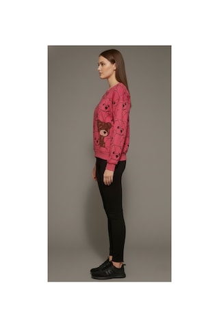 The Kadın Pembe Ayıcık Baskılı Sweatshirt 3 İplik Şardonsuz, %100 Pamuk Rahat Kalıp Pembe