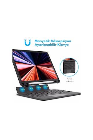 Apple Apple iPad Air 13 2024 A2898 - A2899 Uyumlu Fuchsia Touch Pad Bluetooth Klavyeli Standlı Mıknatıslı Kılıf