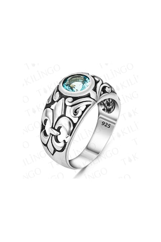 Takılingo 925 Ayar Gümüş Mavi Aquamarine Taşlı Zambak Motifli Erkek Yüzük Gümüş