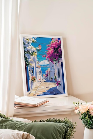Zestia Beyaz Çerçeveli Tablo, Yunan Adası Sokak Manzarası, Balkon Dekoru Poster No: 111245 50 X 70