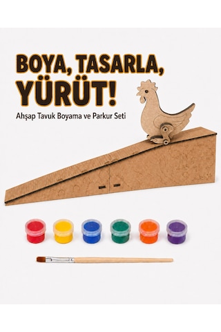 Çocuk Ahşap Hareketli Tavuk Boyama Seti 6 Renk Boya, Fırça Ve Kolay Montaj Parkuru