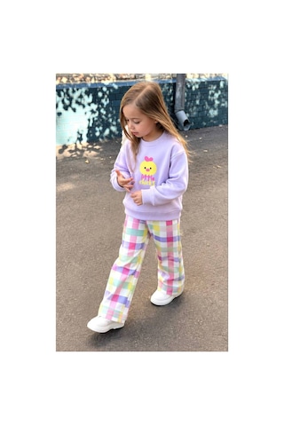 Toikids Kız Çocuk Desenli Sweatshırt Kareli Pantolon 2 Li Takım Çok Renkli