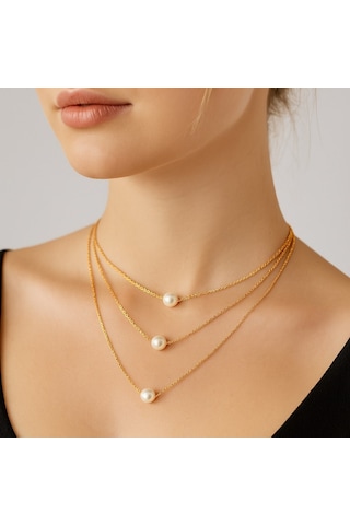 Altın Renk Üç Katmanlı Üç Incili Kolye Altın