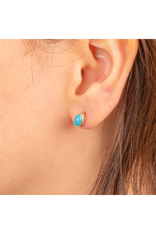 Altın Küpe - 14 Ayar Altın Firuze Turkuaz Taşlı Oval Küpe Sarı