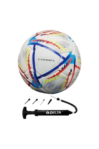 Delta Connel El Dikişli 5 Numara Dura-strong Futbol Topu + Çok Fonksiyonlu Top Pompası İkili Set Beyaz