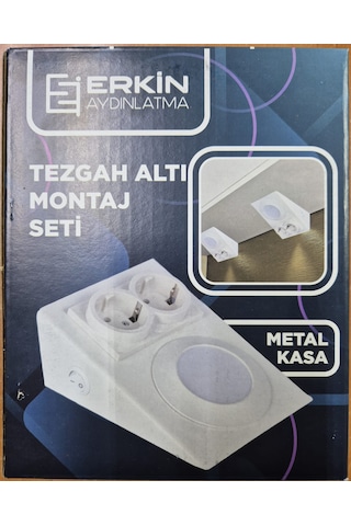 Beyaz Metal Tezgah Altı Montaj Seti Ledli Çiftli Priz Beyaz Işık .