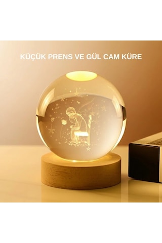 Usb Li Küçük Prens Işıklı Cam Küre Ahşap Altlıklı Dekoratif Lamba 02