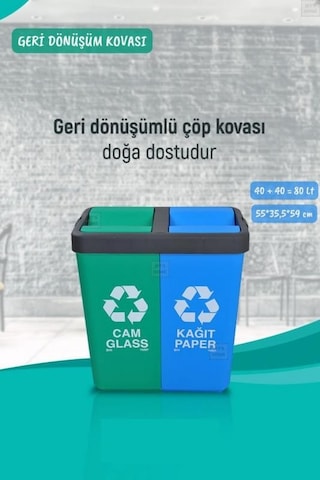 Geri Dönüşüm Kutusu Cam Kağıt Geri Dönüşüm Kovası Yeşil Mavi 80 Litre Yeşil-mavi