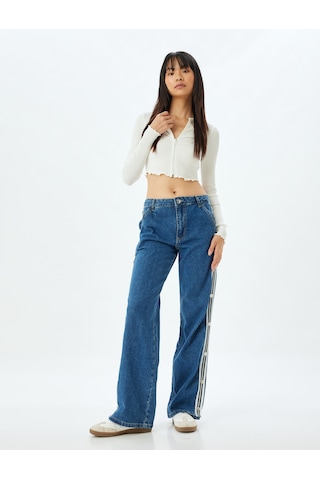 Koton Düz Paça Kot Pantolon Şerit Detaylı Düğmeli Normal Bel Pamuklu - Longer Straight Jeans Koyu İndigo 5wal40159md Koyu İndigo