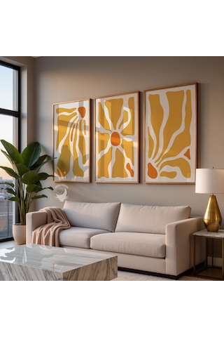 3 Lü Soyut Çerçevesiz Poster Seti Hardal Sarısı Turuncu Modern Minimalist Duvar Dekoru Ev Dekorasyonu