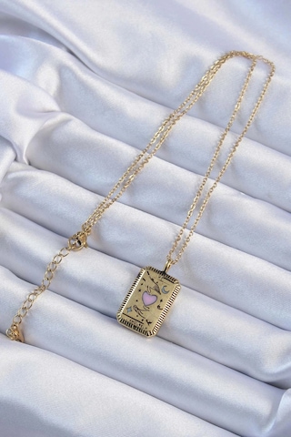 316l Çelik Zincir Eskitme Gold Renk Pembe Mineli Kalp Figürlü Tarot Kolye çok renkli
