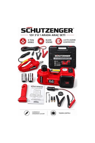 3 Lü Araç Seti 5 Ton Kriko Kompresörlü Ve Somun Sökme Sıkma 2 Anahtarlı 12volt German Çantalı Kırmızı Yt5011