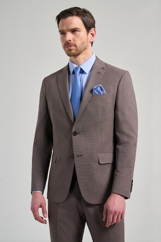 İmza Kendinden Desenli Bez Ayağı Mono Yaka Tam Astar Esnek 6 Drop Slim Fit Takım Elbise 1001250168 Kahverengi