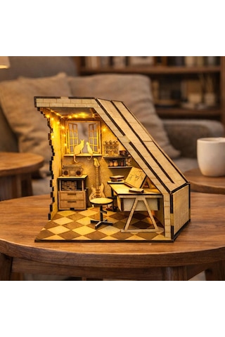 Mini Study Room Ahşap Maket Seti Dıy Book Nook Çalışma Odası Kitaplık Dekoru
