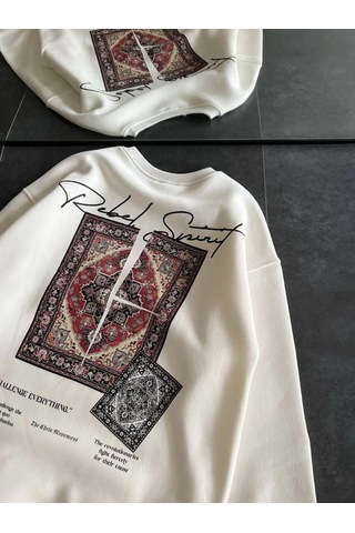 Mbb E-ticaret Kadın Bisiklet Yaka Kilim Halı Baskılı 3 İplik Pamuklu Sweatshirt - Beyaz
