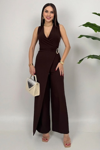 Crimson Icon Kadın Kemer Detaylı Askılı Bol Paça Kahve Tulum Rahat Şık Yazlık Kombin Kahve