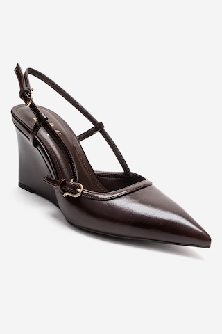 Luvishoes Celıa Kahverengi Cilt Sivri Burunlu Kadın Dolgu Topuklu Ayakkabı Kahverengi