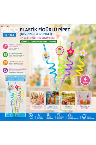 4pcs Kıvrımlı - Renkli Plastik Pipet Figürlü Mix "
