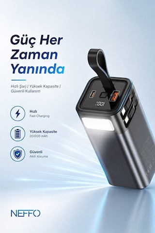 20.000 Mah Powerbank 65w Hızlı Şarj Destekli Dijital Ekran Göstergeli Fenerli