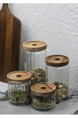 Timber Cam Kavanoz Seti - Çizgili 4'lü Saklama Kavanozu Takımı - Ahşap Kapaklı, 8 Parça