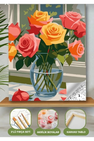Denic Sayılarla Boyama Seti 40x50 Cm (Çıtalı) Fırça Boya Dahil Numaralı Tuval Cam Vazo Renkli Gül