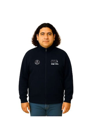 Erkek Büyük Beden 122-158 Kilo Arası İçin Uygun Pamuklu Geniş Kalıp Dik Yaka Fermuarlı Sweat Mont Lacivert