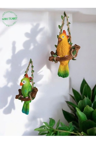 2 Adet Dekoratif Sallanan Duvar Ve Bahçe Süs Kuş Biblo Yeşil-sarı