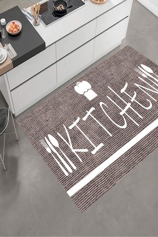 Dijital Baskılı Koyu Gri Kitchen Desenli Dekoratif Yıkanabilir Kaymaz Taban Mutfak Halısı Çok Renkli