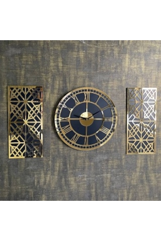 Bymelekoğlu 3'lü Roma Rakamlı Gold Duvar Saati Altın - Siyah