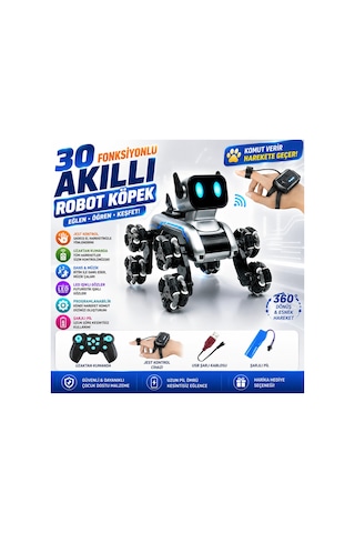 Robot Köpek Uzaktan Ve Bilekten Kumandalı Şarjlı 8 Teker Akrobat Robot Köpek Oyuncak Müzikli Ve Led Işık 2.4 Ghz Gri