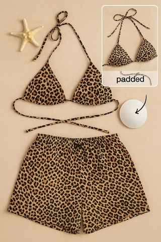 Angbutik Kadın Leopar Desenli Şortlu Belden Ve Boyundan Bağlamalı Bikini Takımı