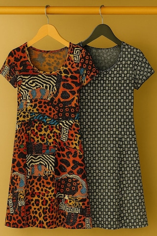 2 Adet Dökümlü Rahat Kalıp Günlük Penye Kumaş Elbise Ekru - Kahverengi