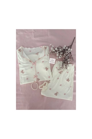 Mh Moony Homewears Kısa Kol Pembe Ayıcık Özel Doku Pijama Takımı Pembe Somon