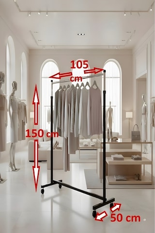 Paslanmaz Metal Askılık Vitrin Konfeksiyon Tekerlekli Demonte Portmanto 150 Cm Hanger Siyah