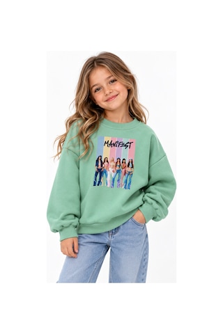 Fasardi Super Bear Adventure Baskılı Oversize 3 İplik Şardonsuz Uzun Kollu Unisex Çocuk Sweatshirt Mint