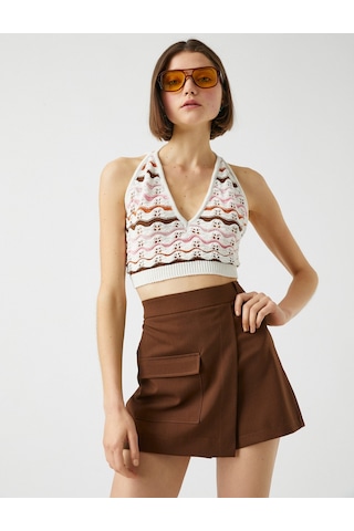 Koton Crop Atlet V Yaka Örgü Detaylı Ekru Desenli 2sal30013ht