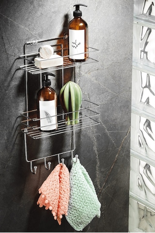 Sas Haus 2 Katlı Krom Kancalı Banyo Duş Rafı, Şampuanlık, Lif/kese Askılı, Paslanmaz Metal, Banyo Düzenleyici - Tş-02 Krom
